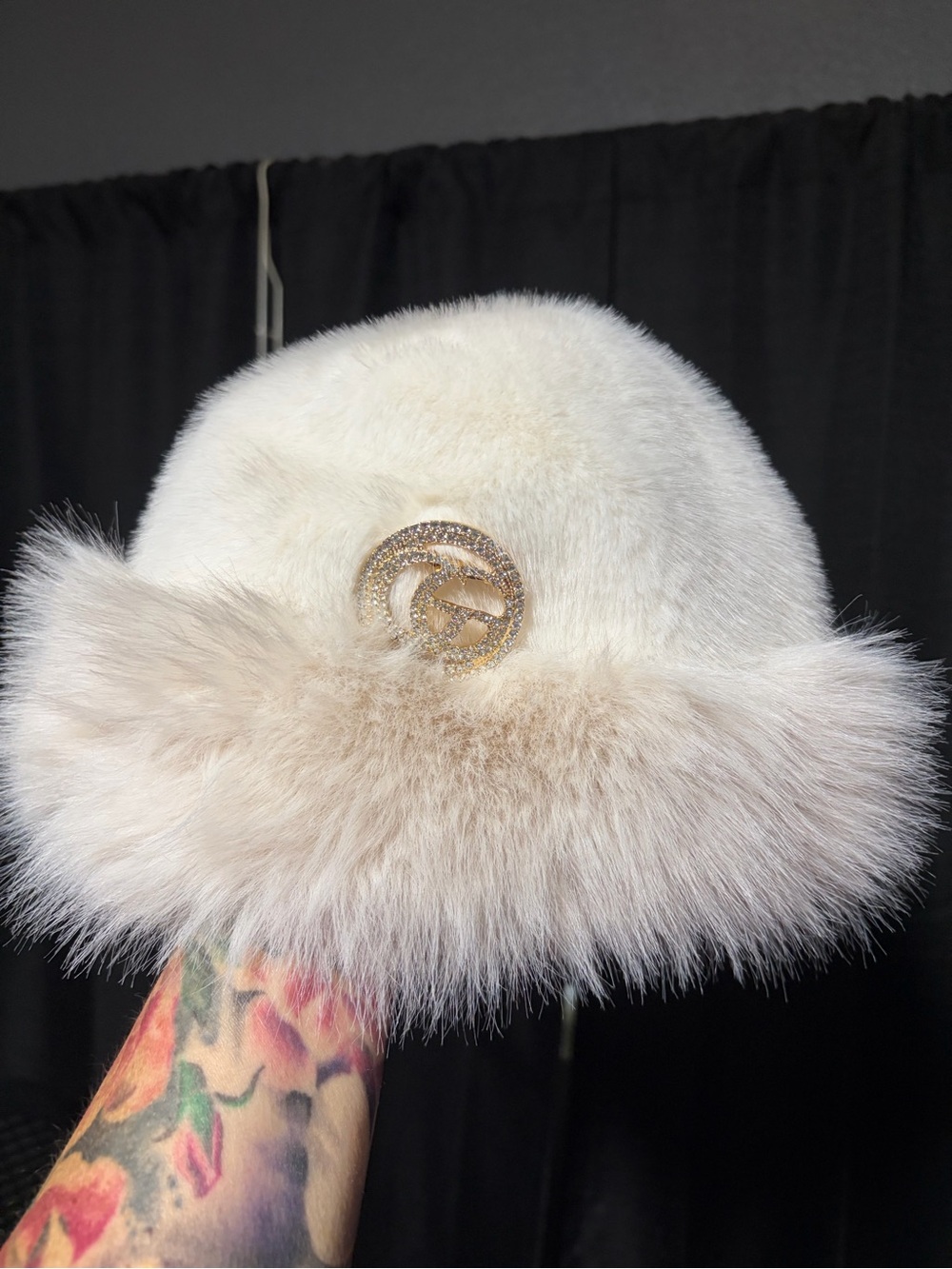 Lux Faux-Fur Bucket Hat with Gold Accent - Cream